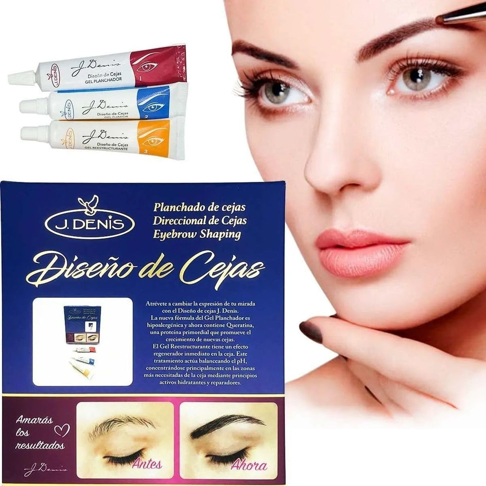 J Denis Eyebrow Design Kit packaging shows premium laminating tools for at-home brow styling.