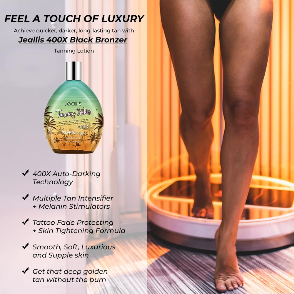 Jeallis Extreme Dark Tanning Lotion packaging open shows coconut oil hydration.