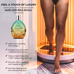 Jeallis Extreme Dark Tanning Lotion packaging open shows coconut oil hydration.