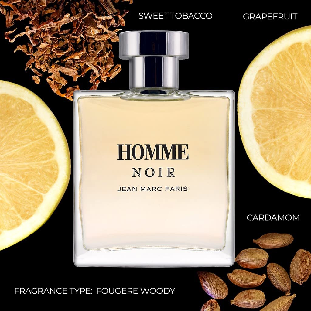 Jean Marc Paris Homme Noir bottle close-up cap signals premium design for upscale evenings