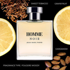 Jean Marc Paris Homme Noir bottle close-up cap signals premium design for upscale evenings