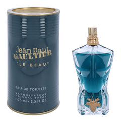 Le Beau bottle closeup by Jean Paul Gaultier showing masculine silhouette for confident style.