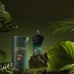 Jean Paul Gaultier Le Beau Le Parfum Intense bottle top view emphasizes amber-woody tones for evenings
