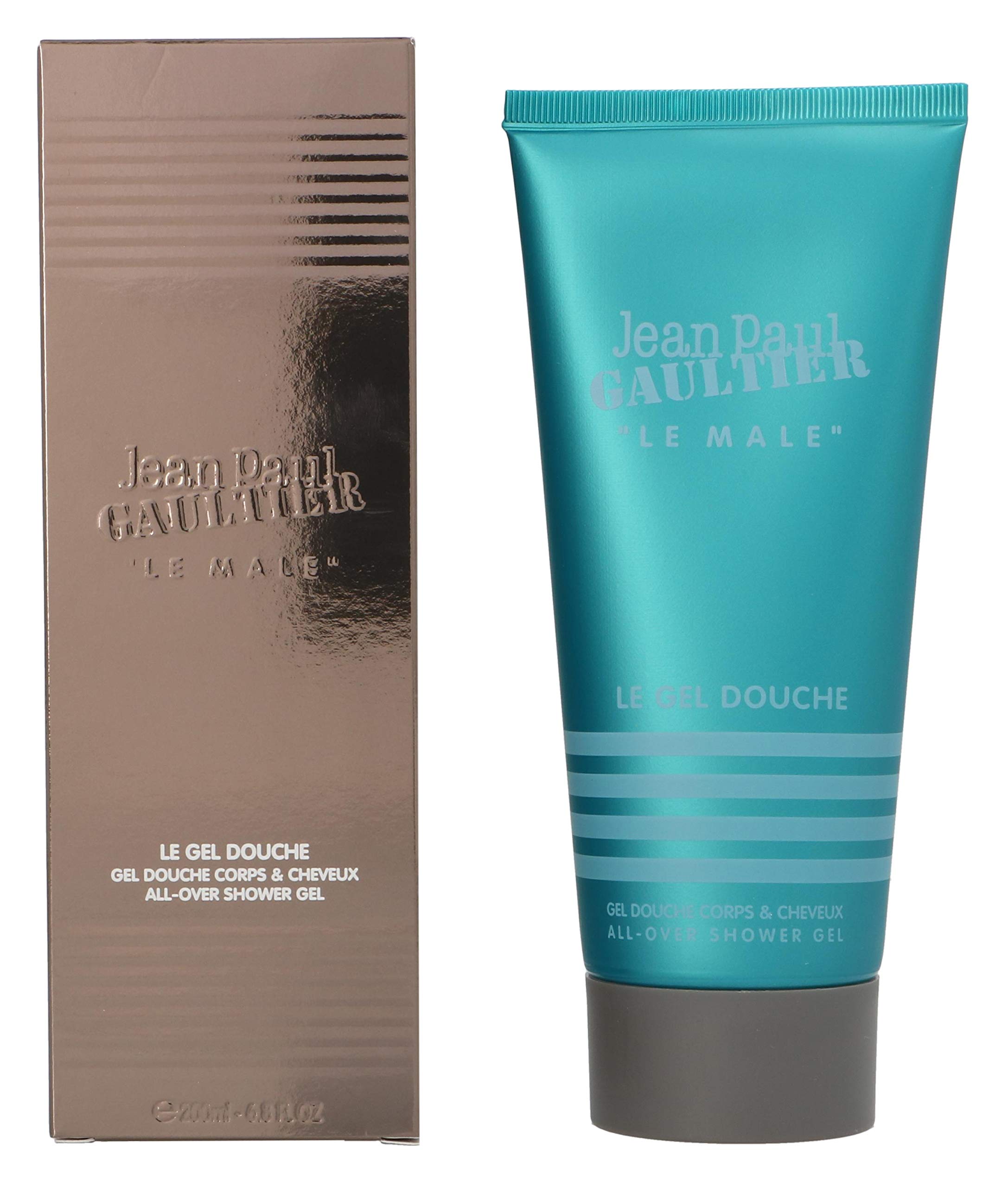 Jean Paul Gaultier Le Male shower gel droplets showcase hydrating formula for skin and hair.
