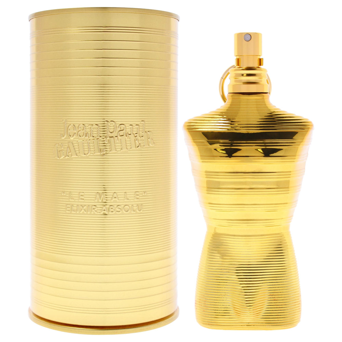 Jean Paul Gaultier Le Male Elixir Absolu Intense bottle shot highlights the rich woody notes for lasting presence.
