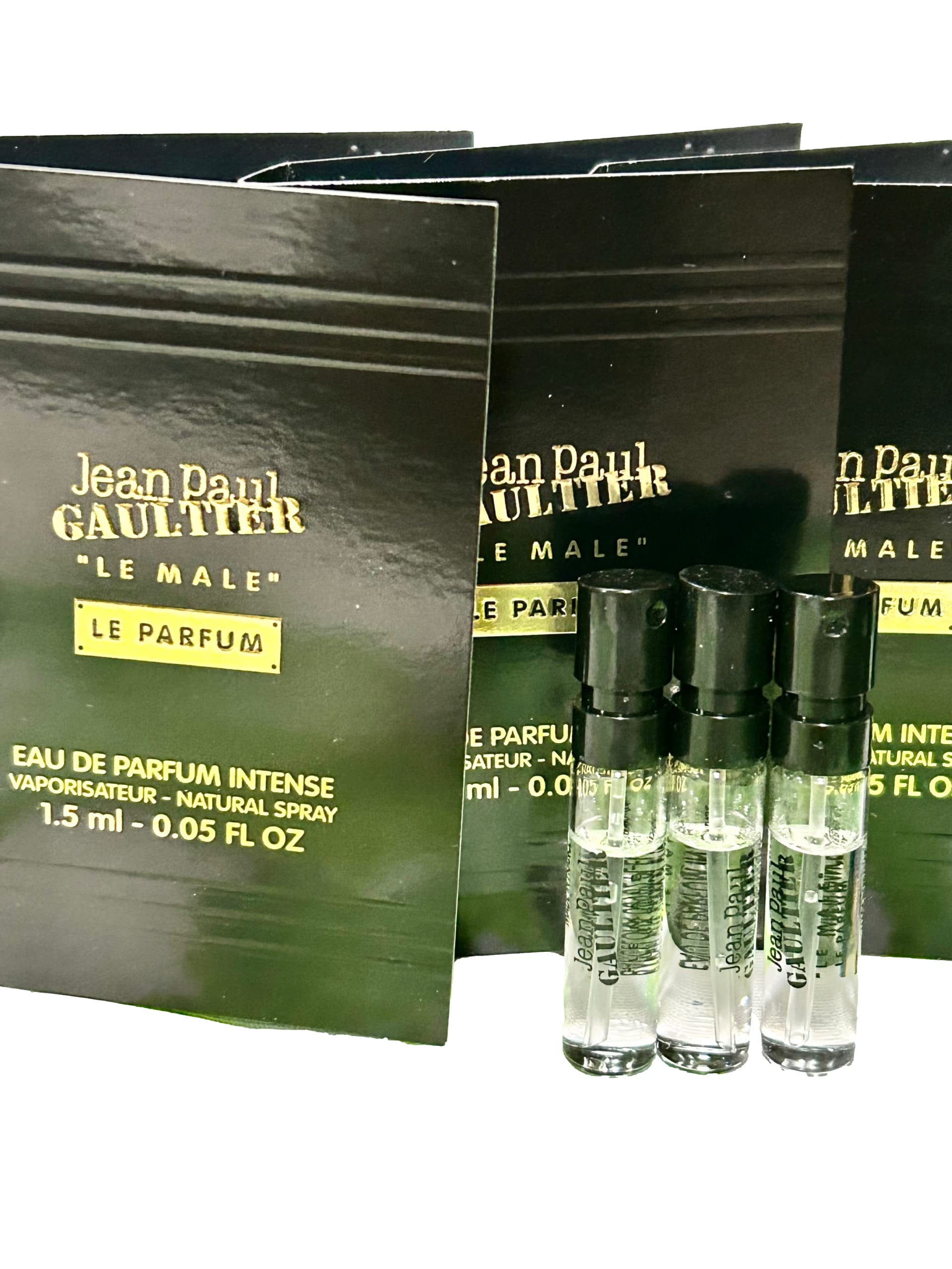 Jean Paul Gaultier Le Male Le Parfum Intense sample packaging emphasizes portability.