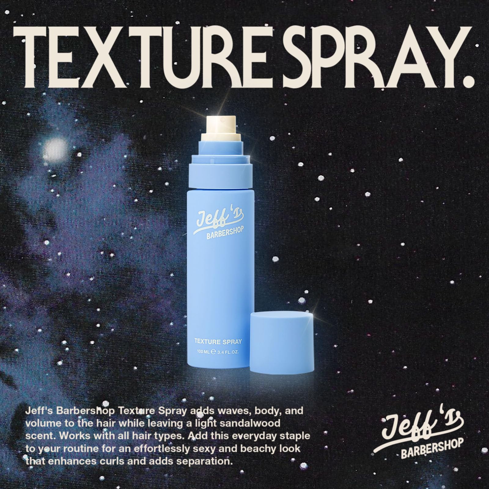 Jeff's Barbershop Sea Salt Texture Spray on damp hair adds light lift and natural texture.