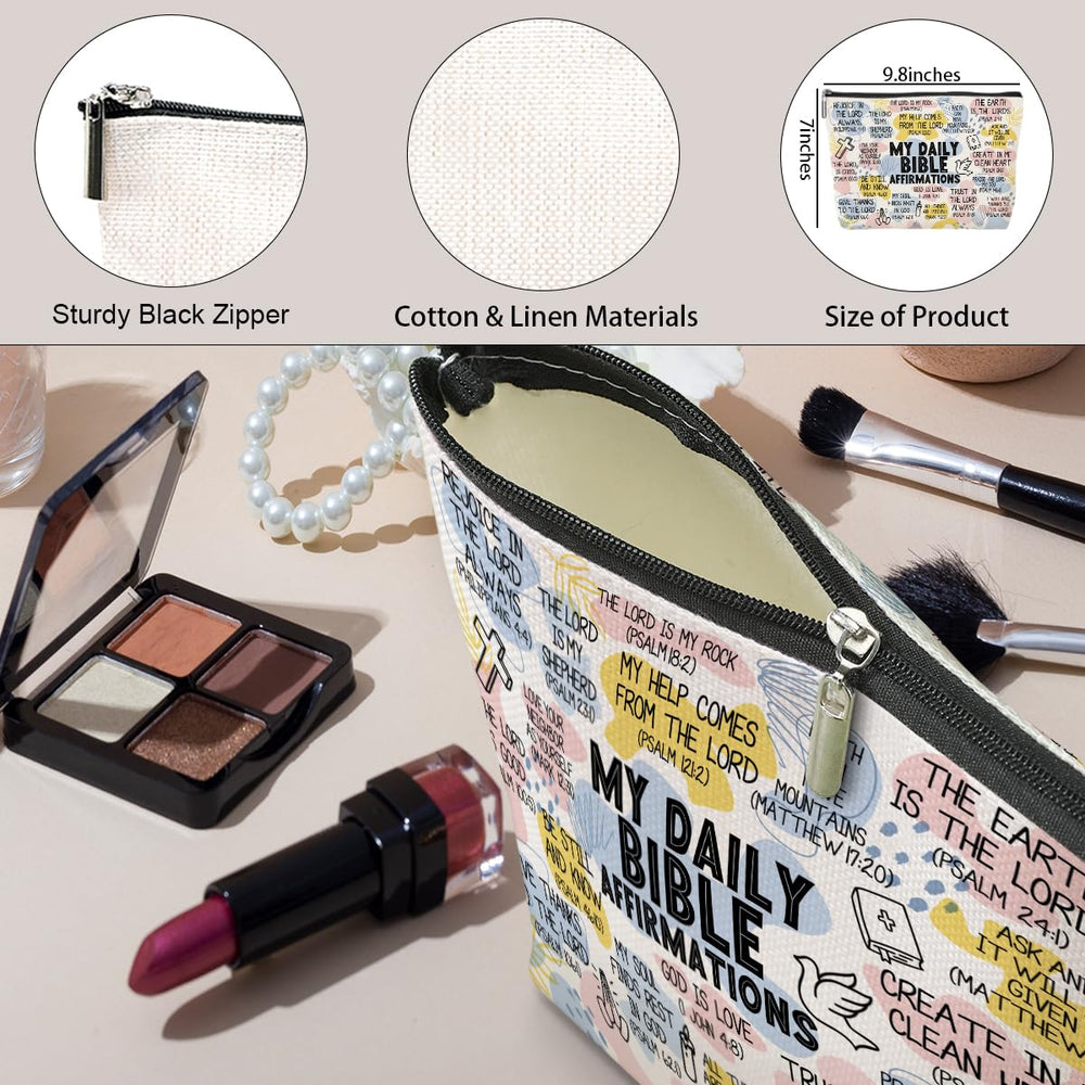 Jeilink daily affirmations makeup bag arranged with cosmetics for travel setup