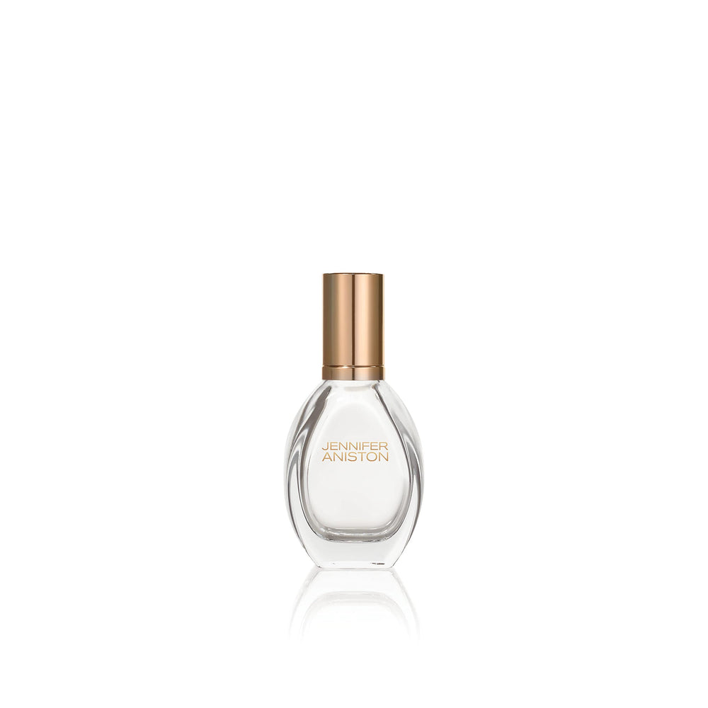 Jennifer Aniston Solstice Bloom bottle closeup signaling radiant daytime wear confidence.