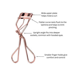 Jenny Patinkin Big Reveal curler angled head for better control on hooded eyes.