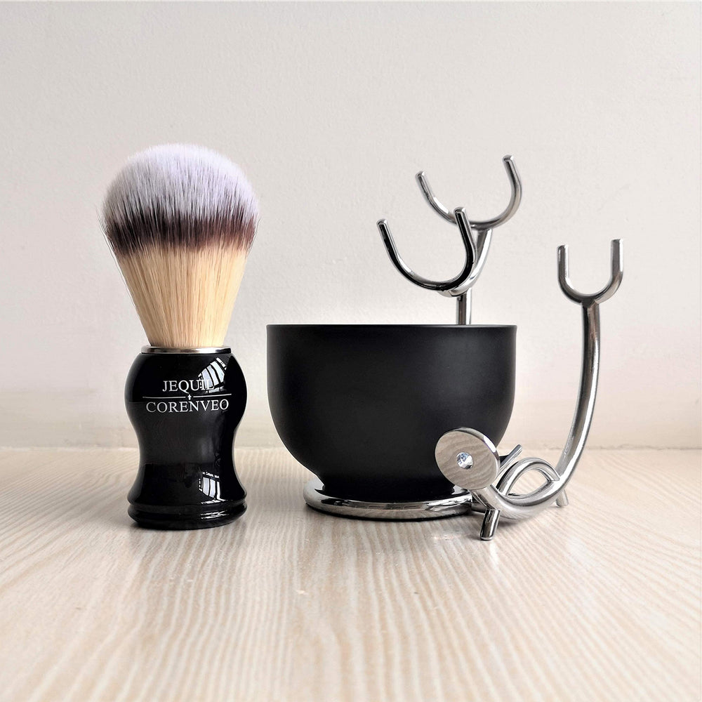 JEQUIL&CORENVEO Deluxe shaving bowl and stand showcase durable stainless steel construction.