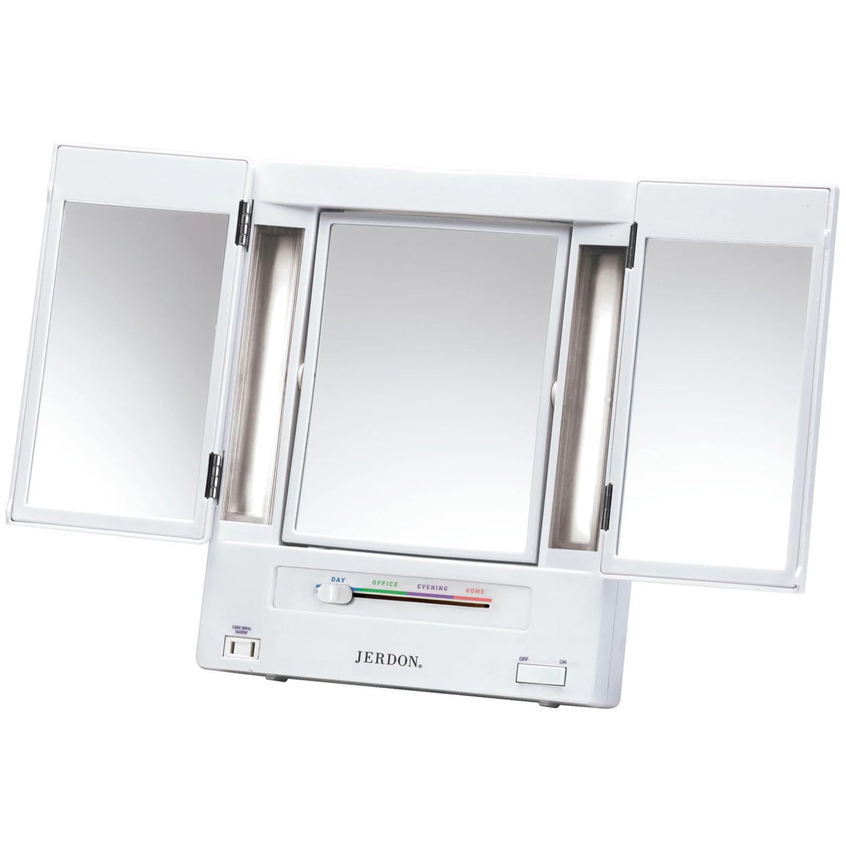 JERDON tri-fold makeup mirror with lights for versatile angles and lighting
