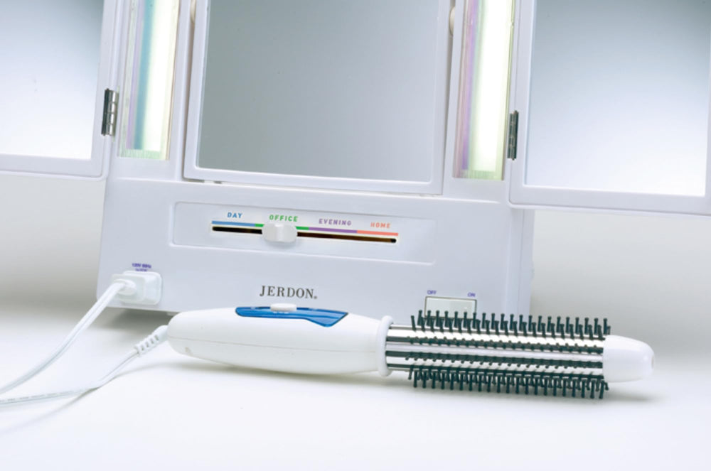 JERDON vanity mirror with built-in electrical outlet for tools