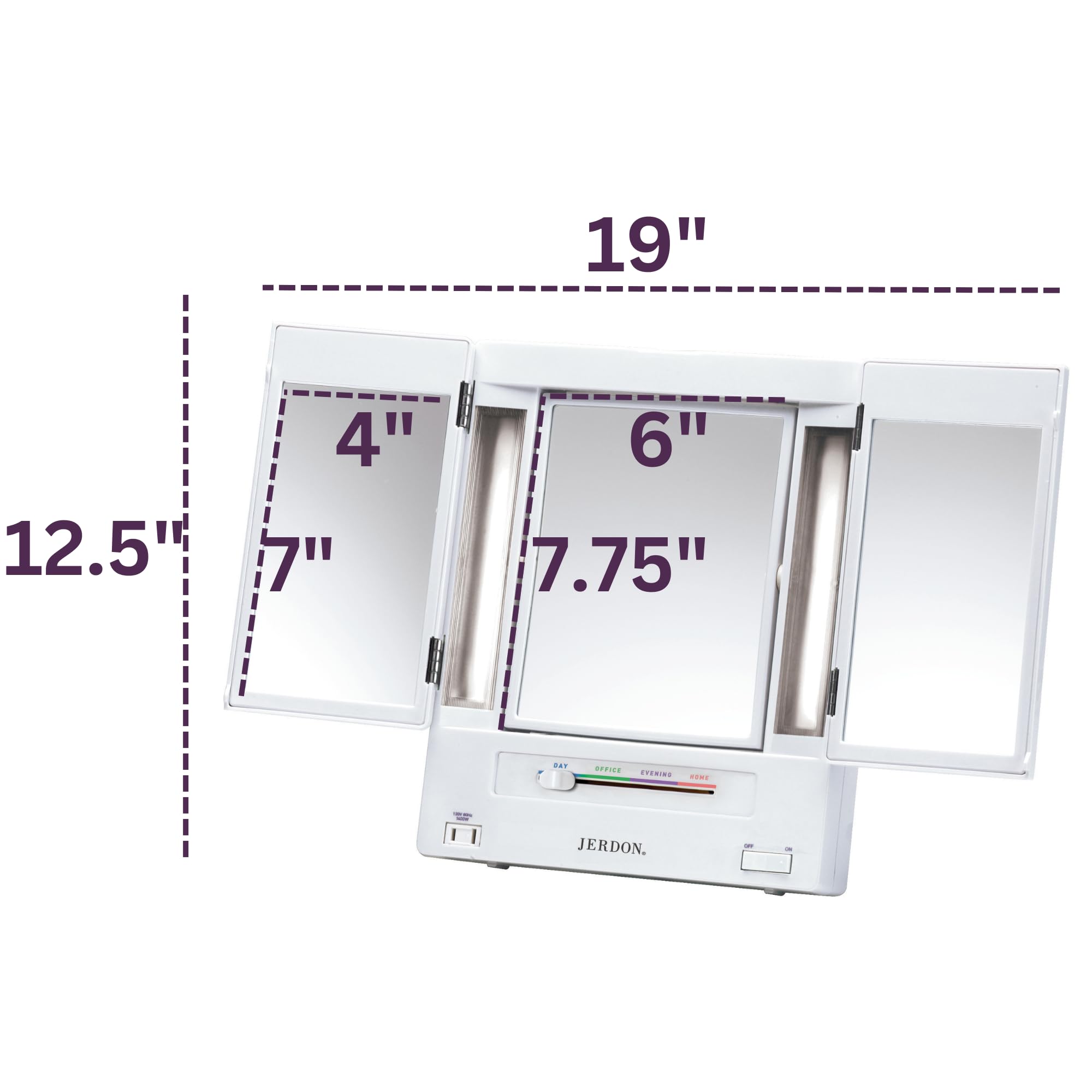 JERDON vanity mirror with day, evening, office, and home lighting options