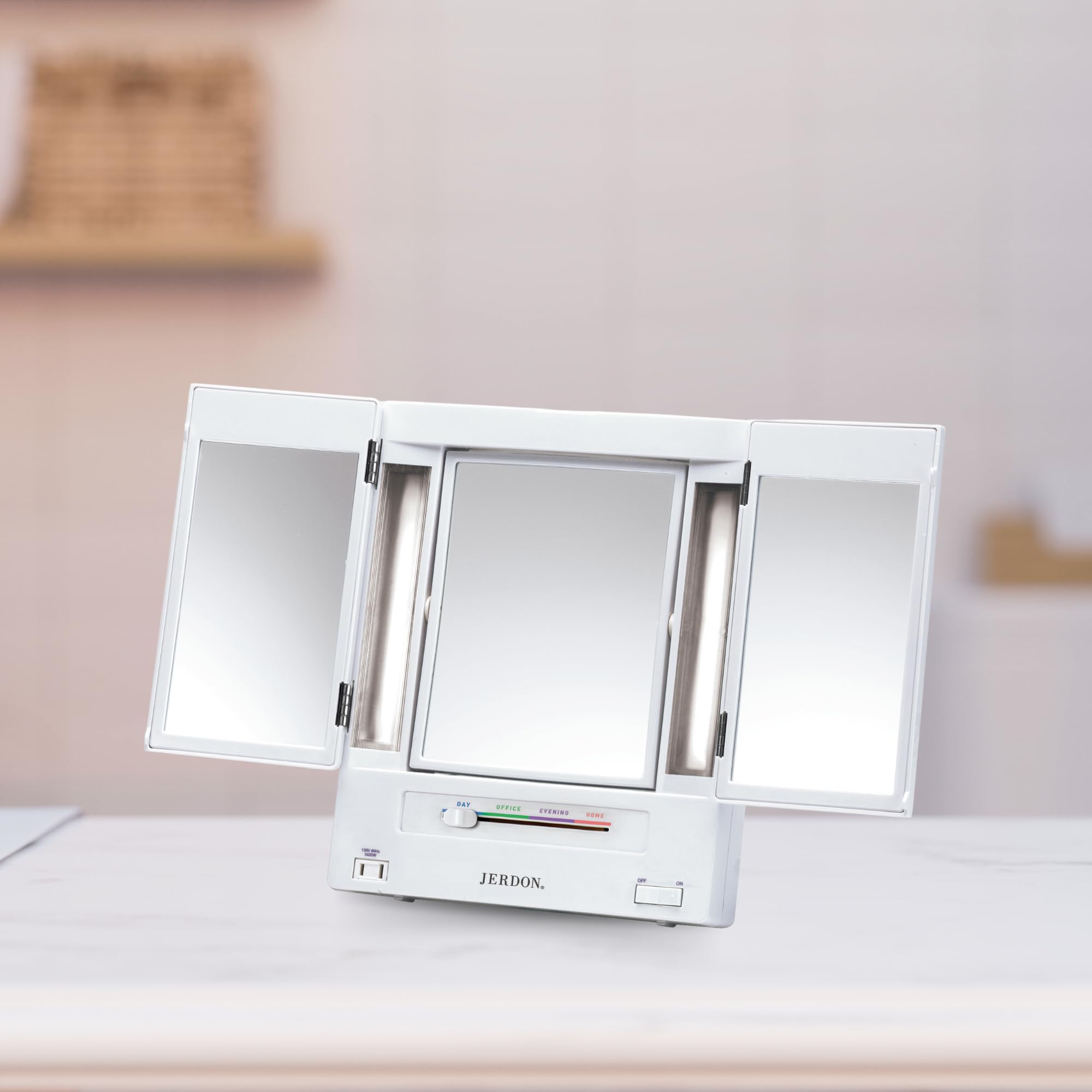 JERDON white-base makeup mirror on a tidy vanity setup