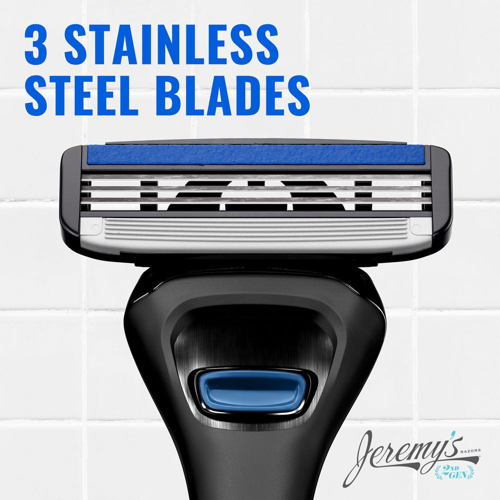 Jeremy's Razors lubricating strip with argan oil and aloe for smooth glide.