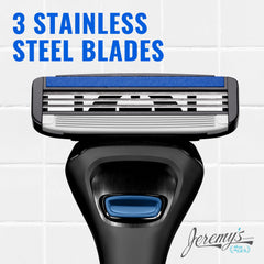 Jeremy's Razors lubricating strip with argan oil and aloe for smooth glide.