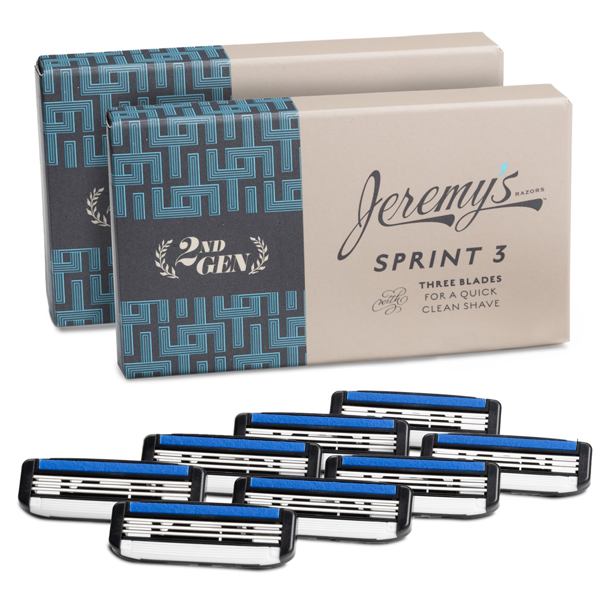 Jeremy's Razors Sprint3 eight-cartridge refills provide consistent close shaves.