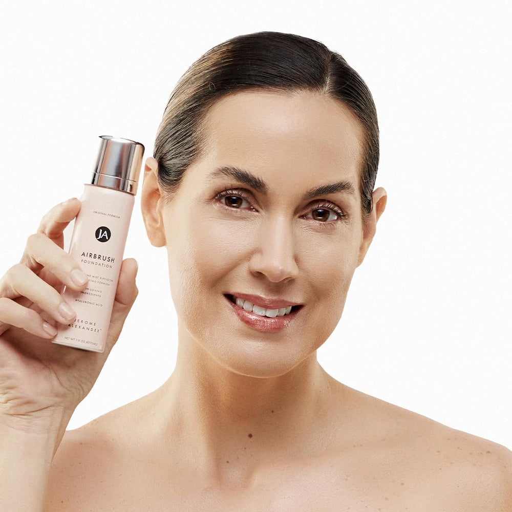 Jerome Alexander Magic Minerals airbrush foundation spray closeup showing fine mist for even application.