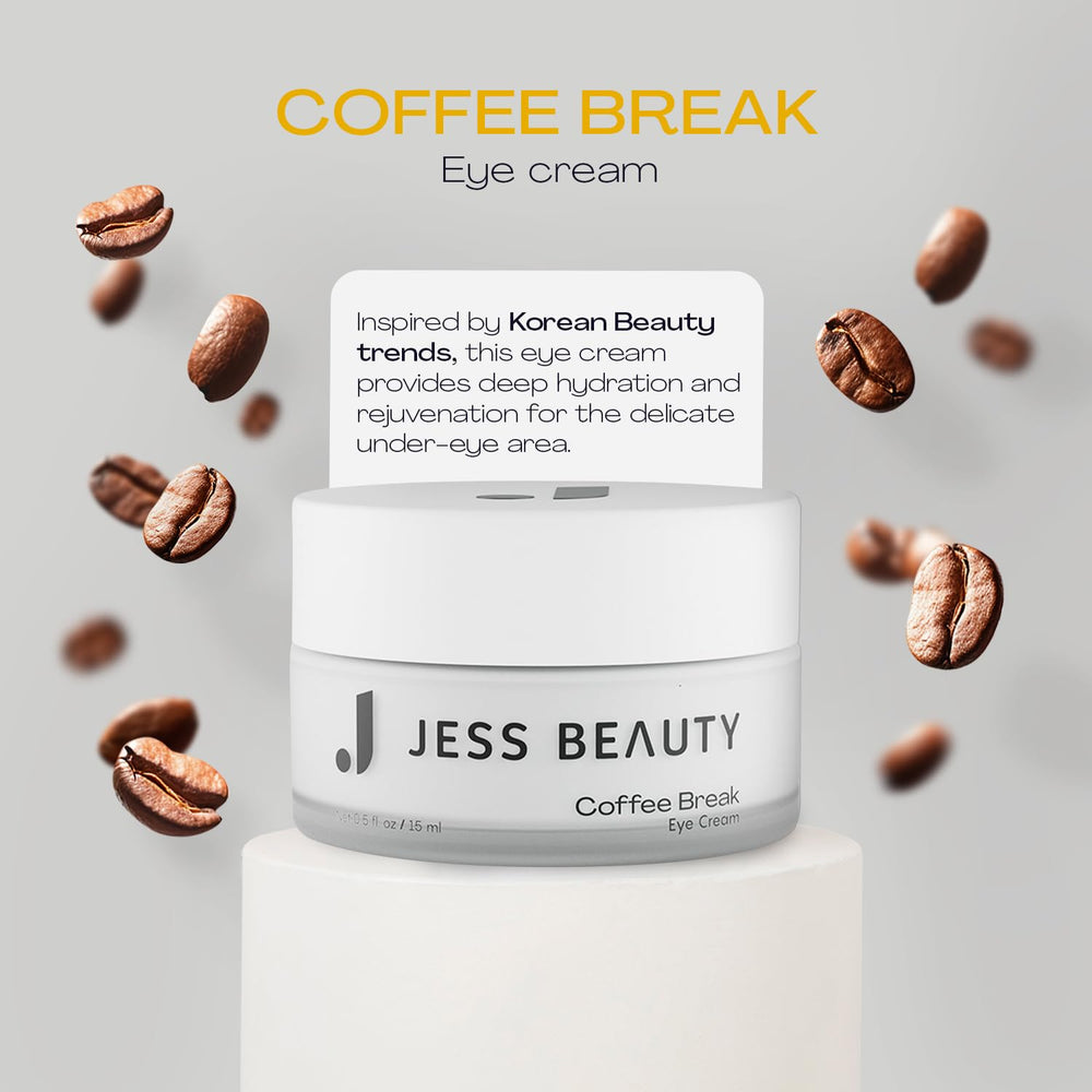 JESS BEAUTY Coffee Break Eye Cream with 1% caffeine highlights energizing eye-area look.