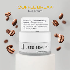 JESS BEAUTY Coffee Break Eye Cream with 1% caffeine highlights energizing eye-area look.