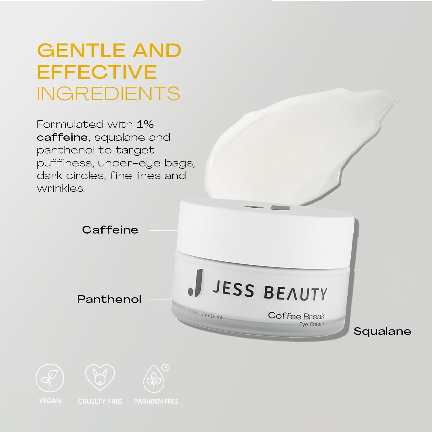 JESS BEAUTY Coffee Break Eye Cream includes panthenol for soothing moisture.