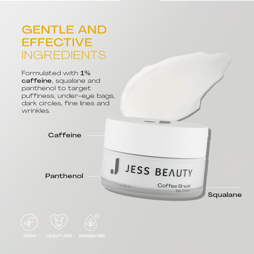 JESS BEAUTY Coffee Break Eye Cream includes panthenol for soothing moisture.