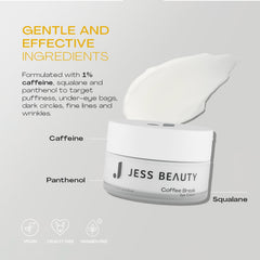 JESS BEAUTY Coffee Break Eye Cream includes panthenol for soothing moisture.