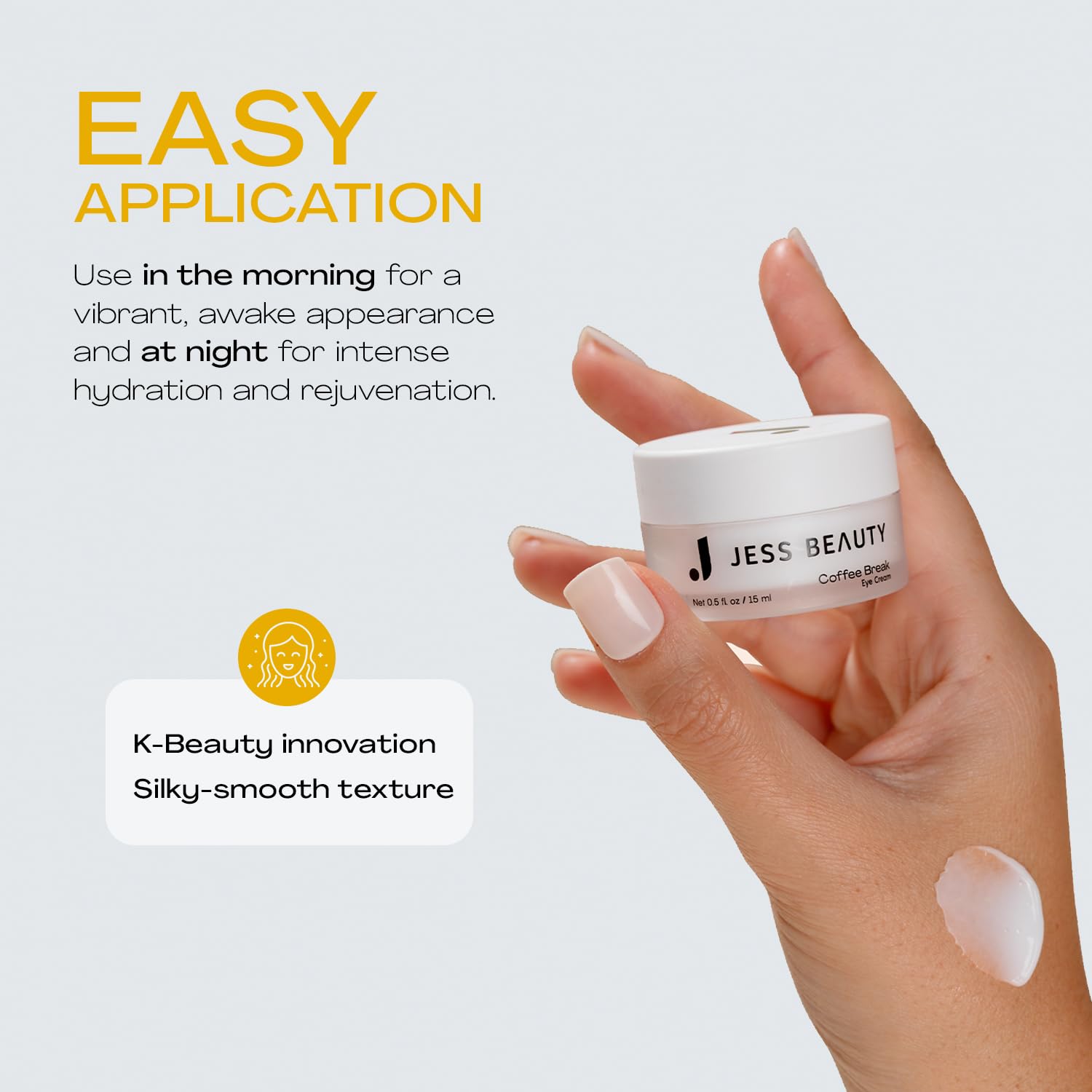JESS BEAUTY Coffee Break Eye Cream being applied under-eye demonstrates quick absorption.