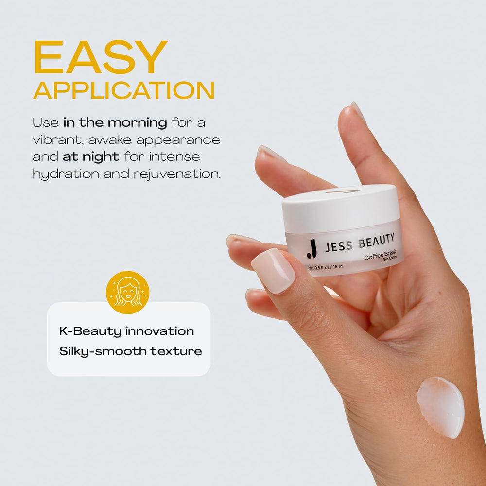 JESS BEAUTY Coffee Break Eye Cream being applied under-eye demonstrates quick absorption.