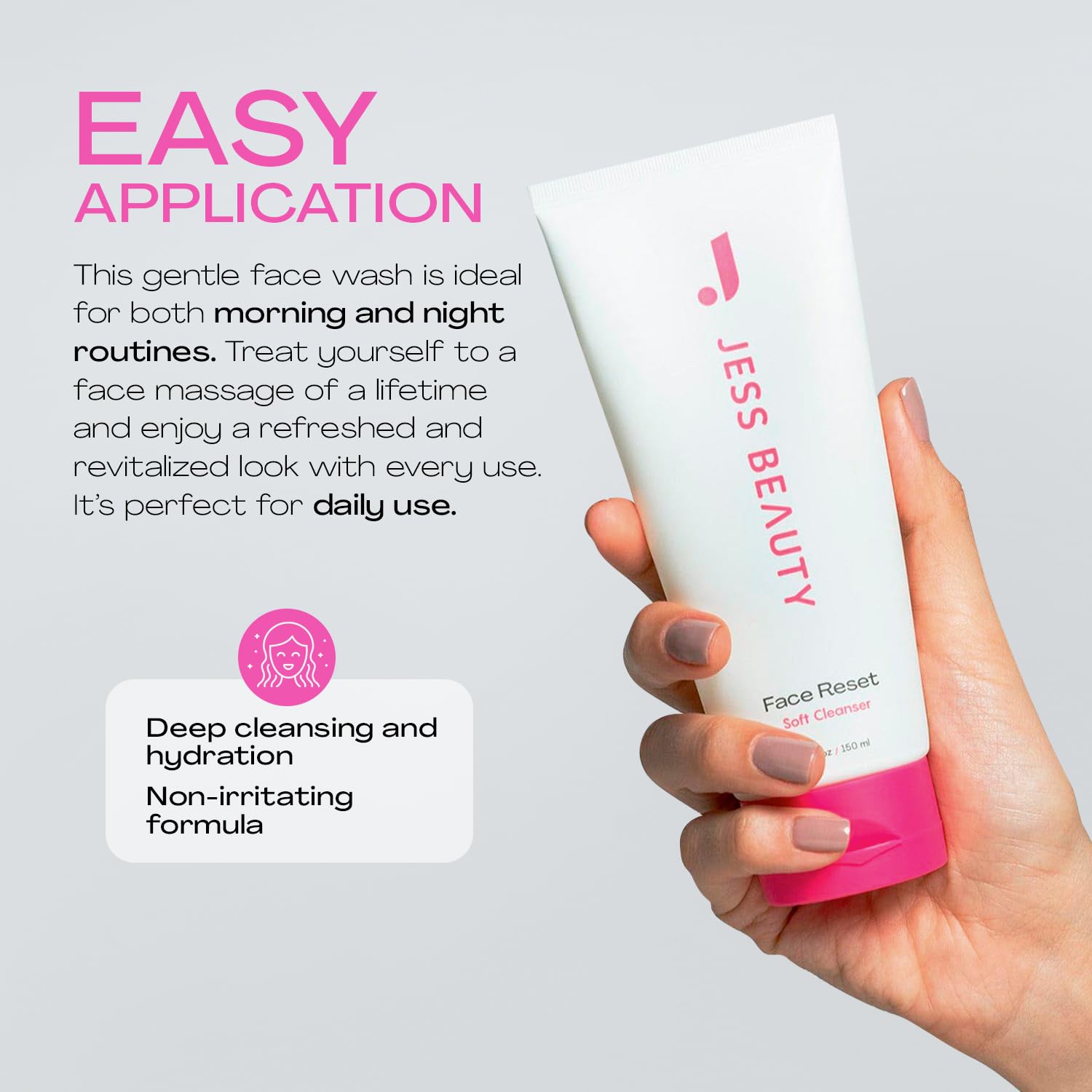 JESS BEAUTY Face Reset Cleanser creates a soft lather during use