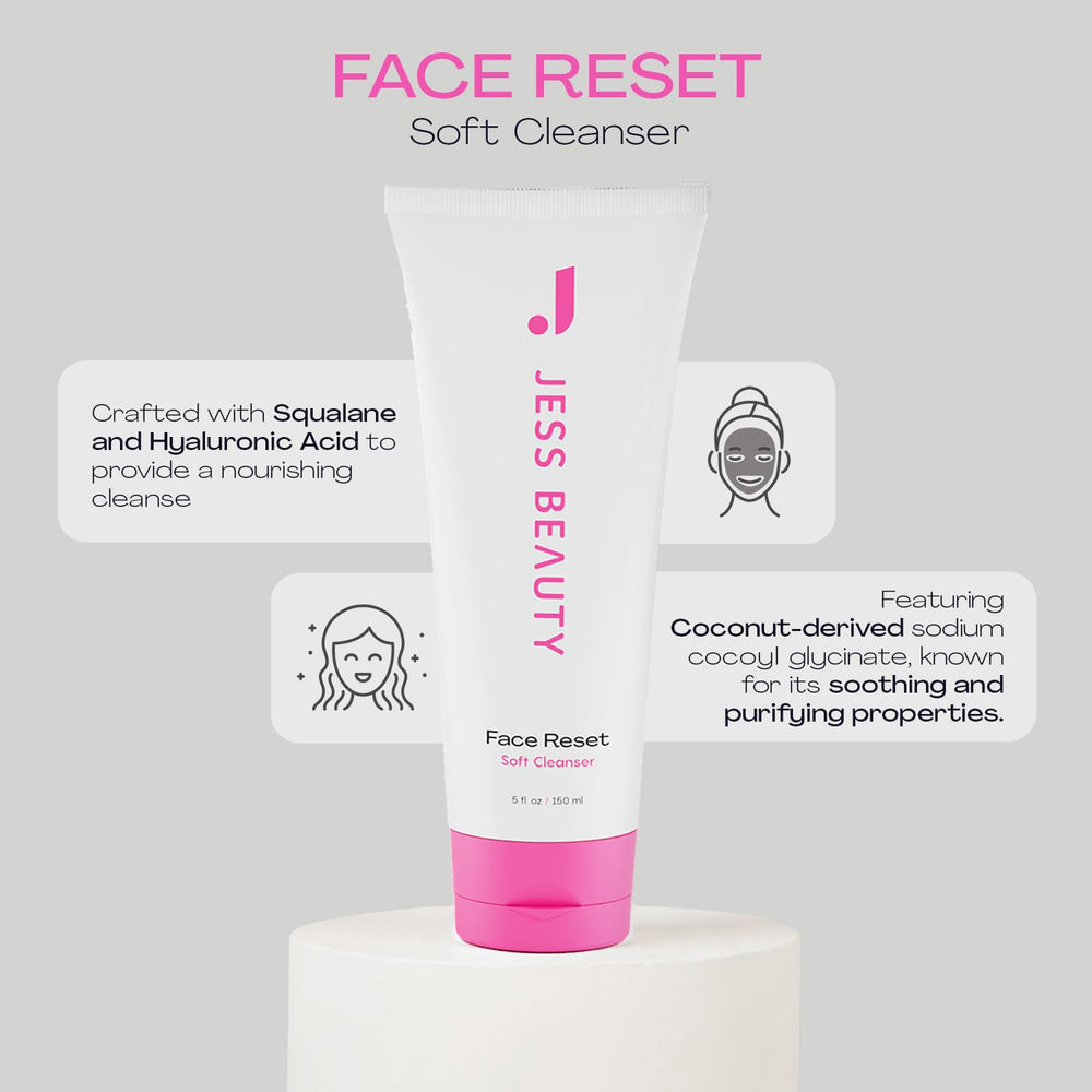 JESS BEAUTY Face Reset Cleanser bottle showing squalane and hyaluronic acid benefits