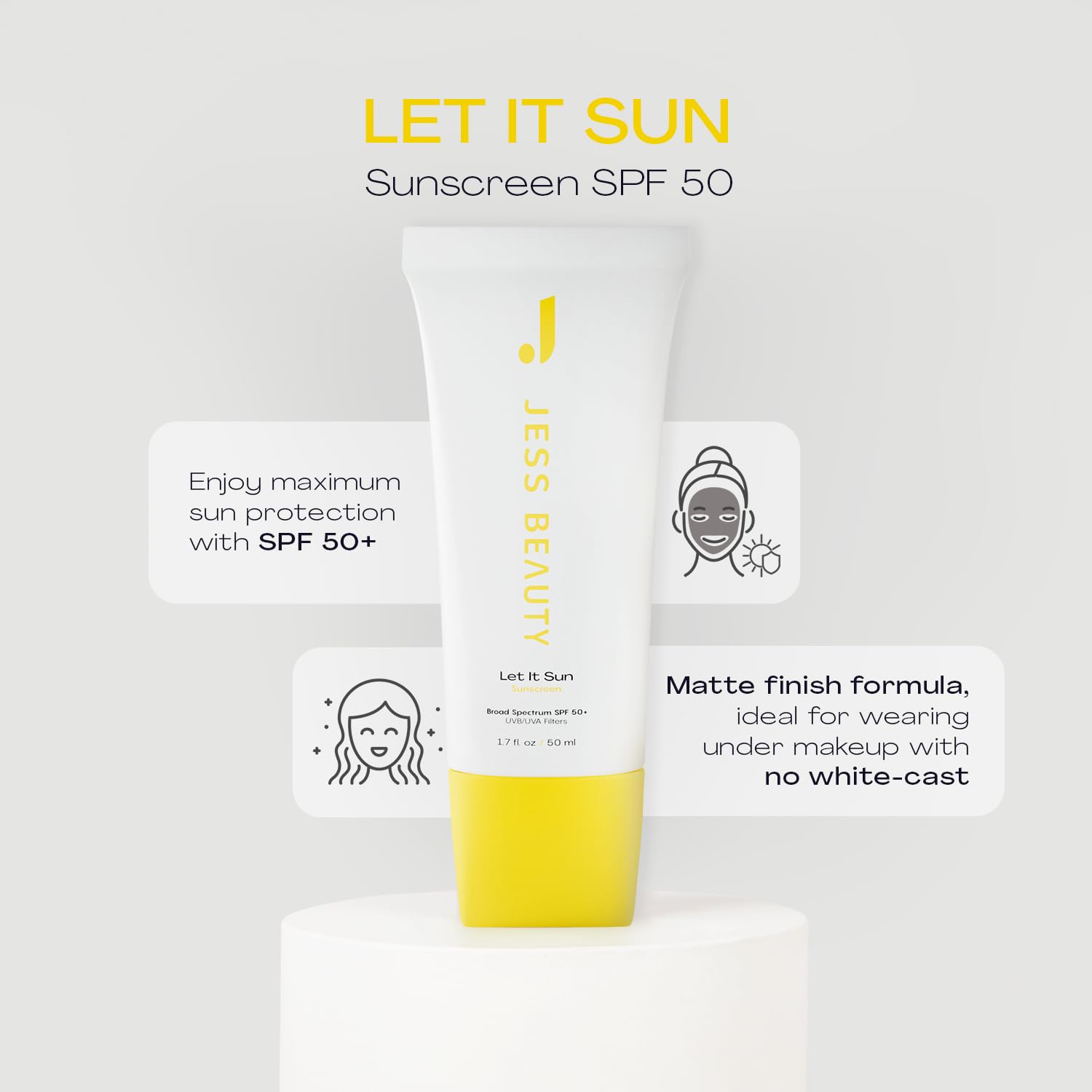 JESS BEAUTY Let it Sun matte finish texture for makeup-ready skin.