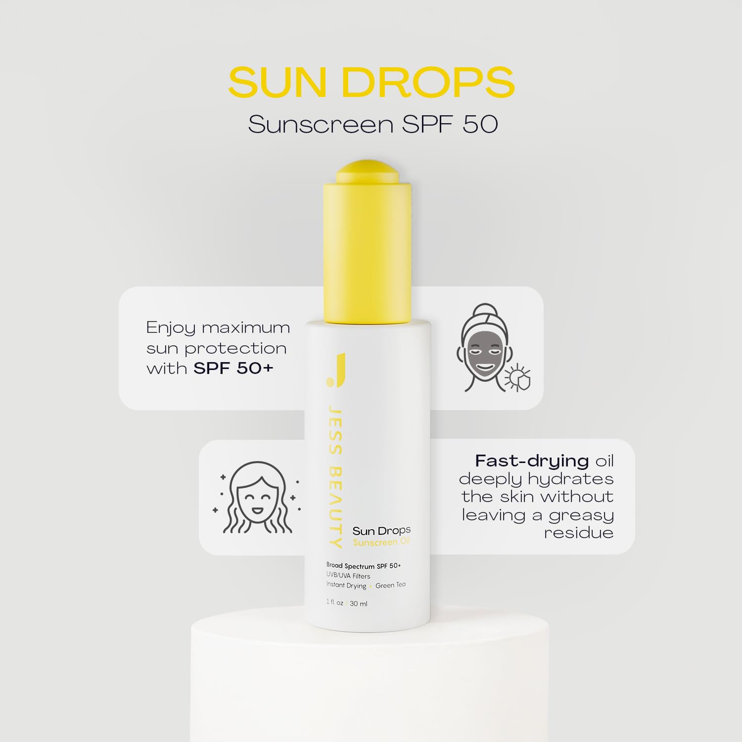 Jess Beauty Sun Drops pour shows fast-drying, non-greasy texture for quick absorption.