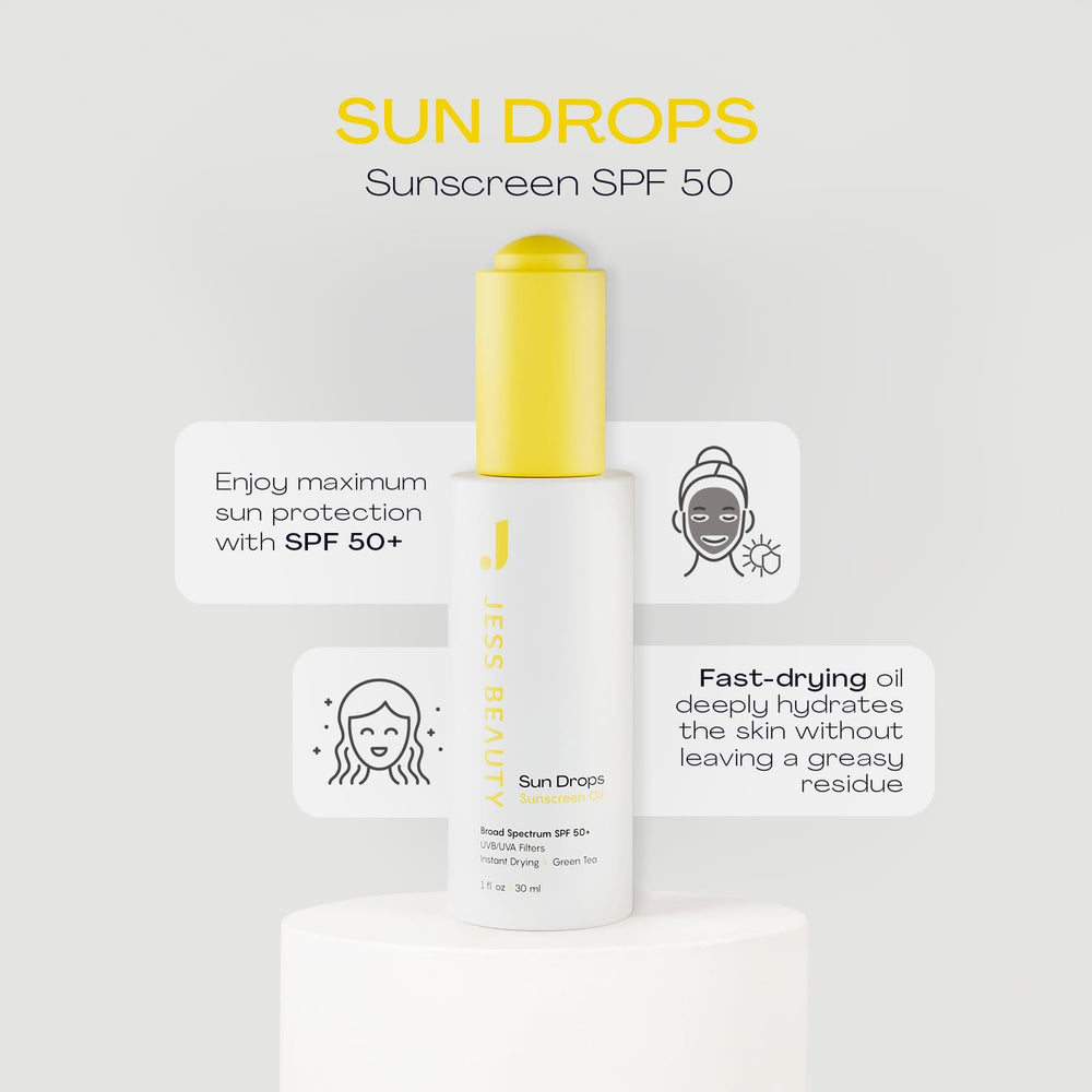 Jess Beauty Sun Drops pour shows fast-drying, non-greasy texture for quick absorption.