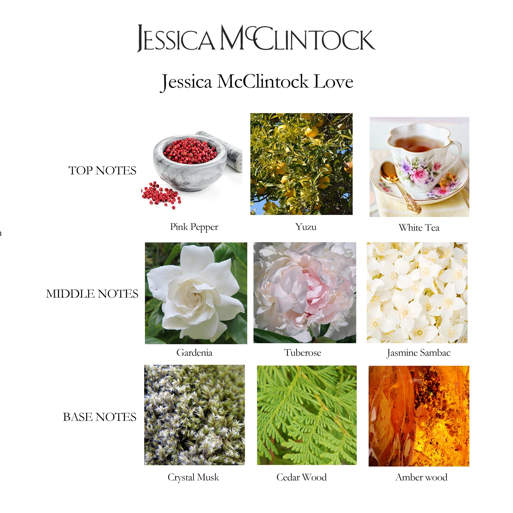 Love by Jessica McClintock EDP glass bottle close-up, amber-rose hues for allure.