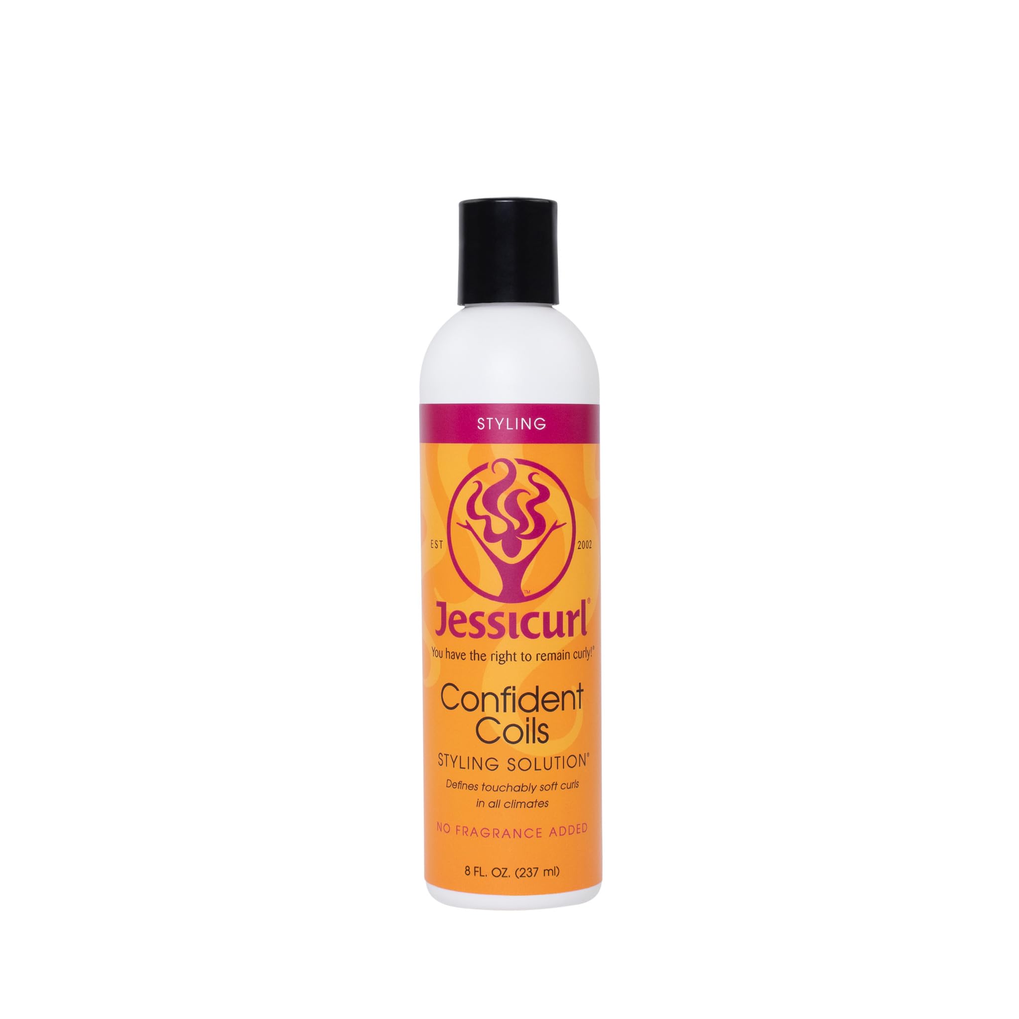Jessicurl Confident Coils bottle showcases fragrance-free curl cream for humidity and frizz control.