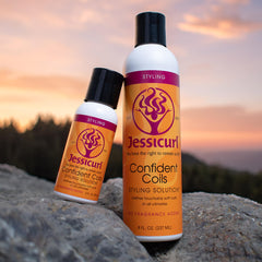 Jessicurl Confident Coils hair routine image highlights versatile hold for defined curls.
