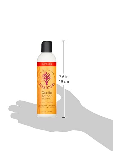 Close-up of the Jessicurl Gentle Lather Shampoo label emphasizing vegan, sulfate-free formula.