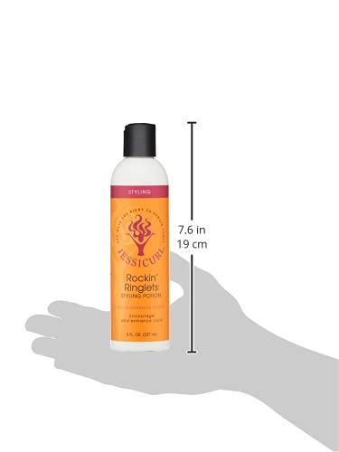 Jessicurl Rockin' Ringlets Styling Potion bottle side view highlighting easy distribution for thick hair.