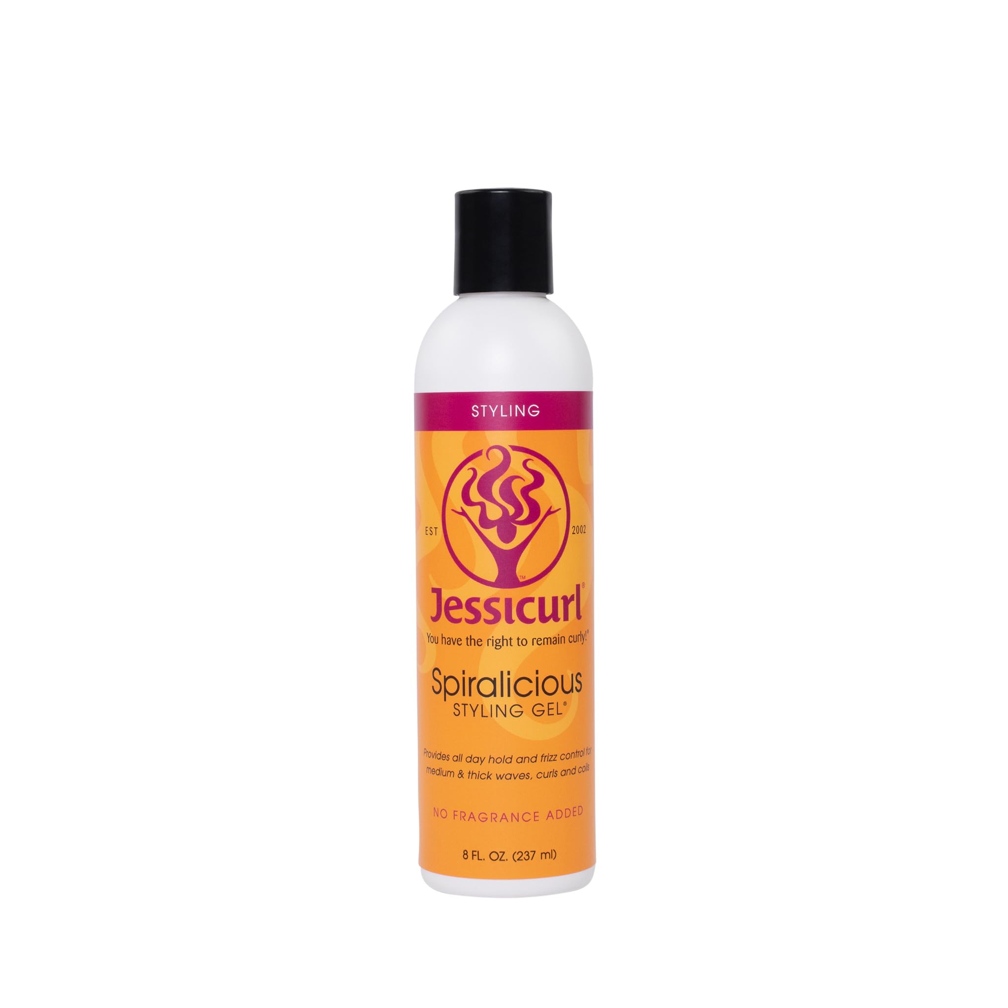 Jessicurl Spiralicious Gel bottle with defined curls and frizz control.