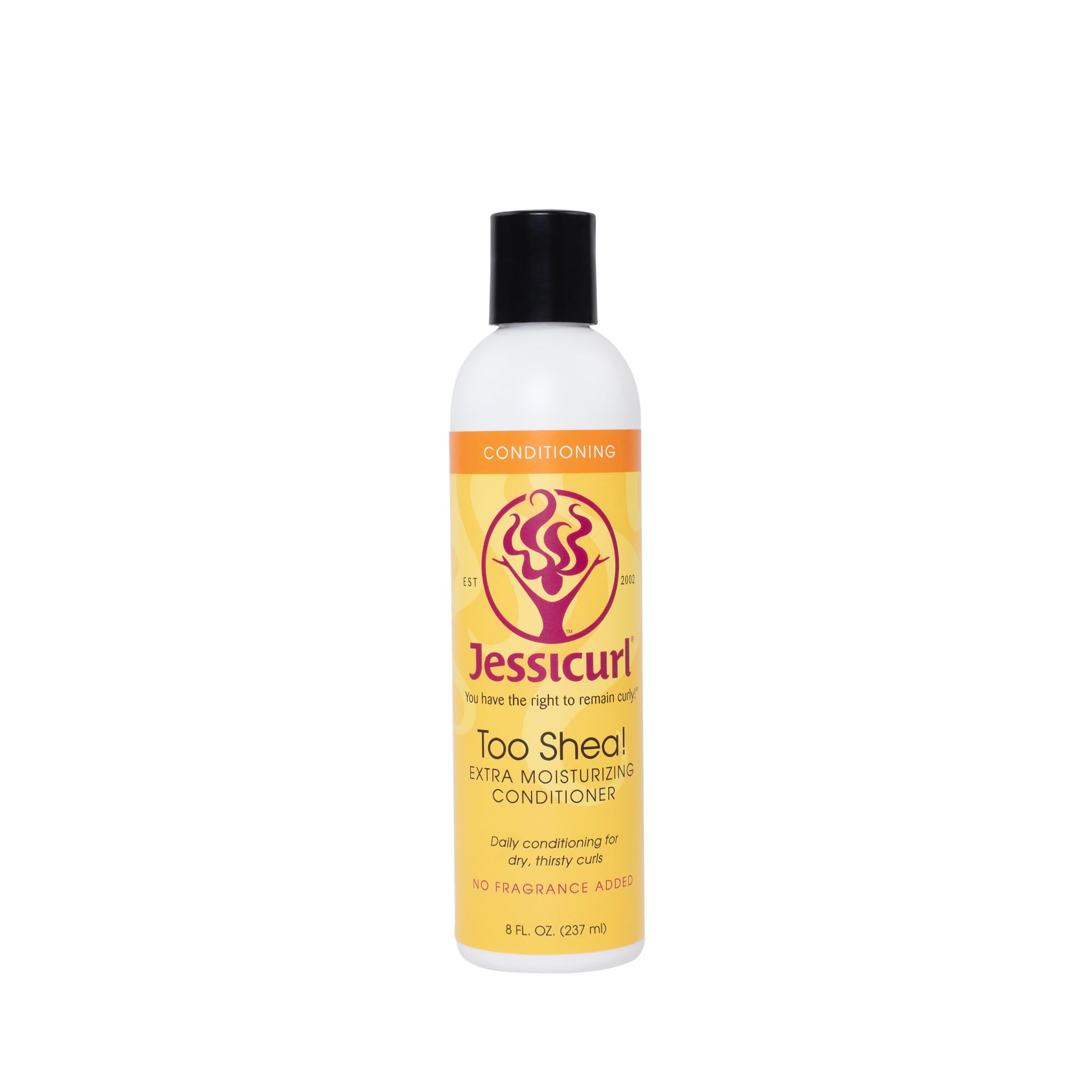Jessicurl Too Shea Extra Moisturizing Conditioner bottle highlights fragrance-free hydration for dry curls.