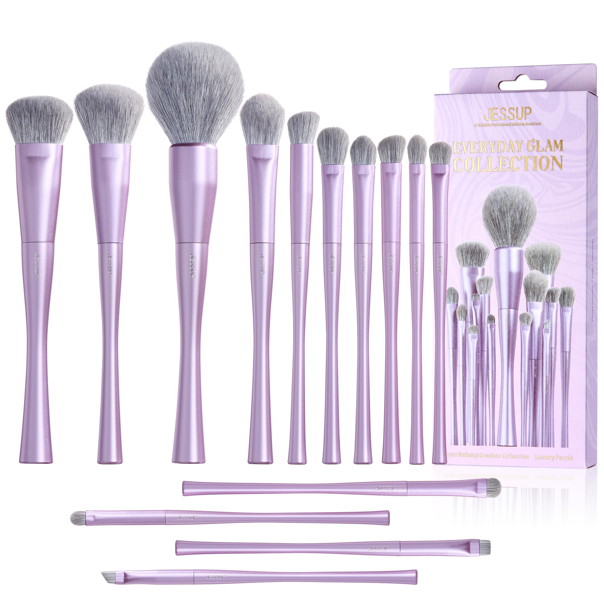 Jessup 14-piece makeup brush set with purple handles enables flawless base makeup.