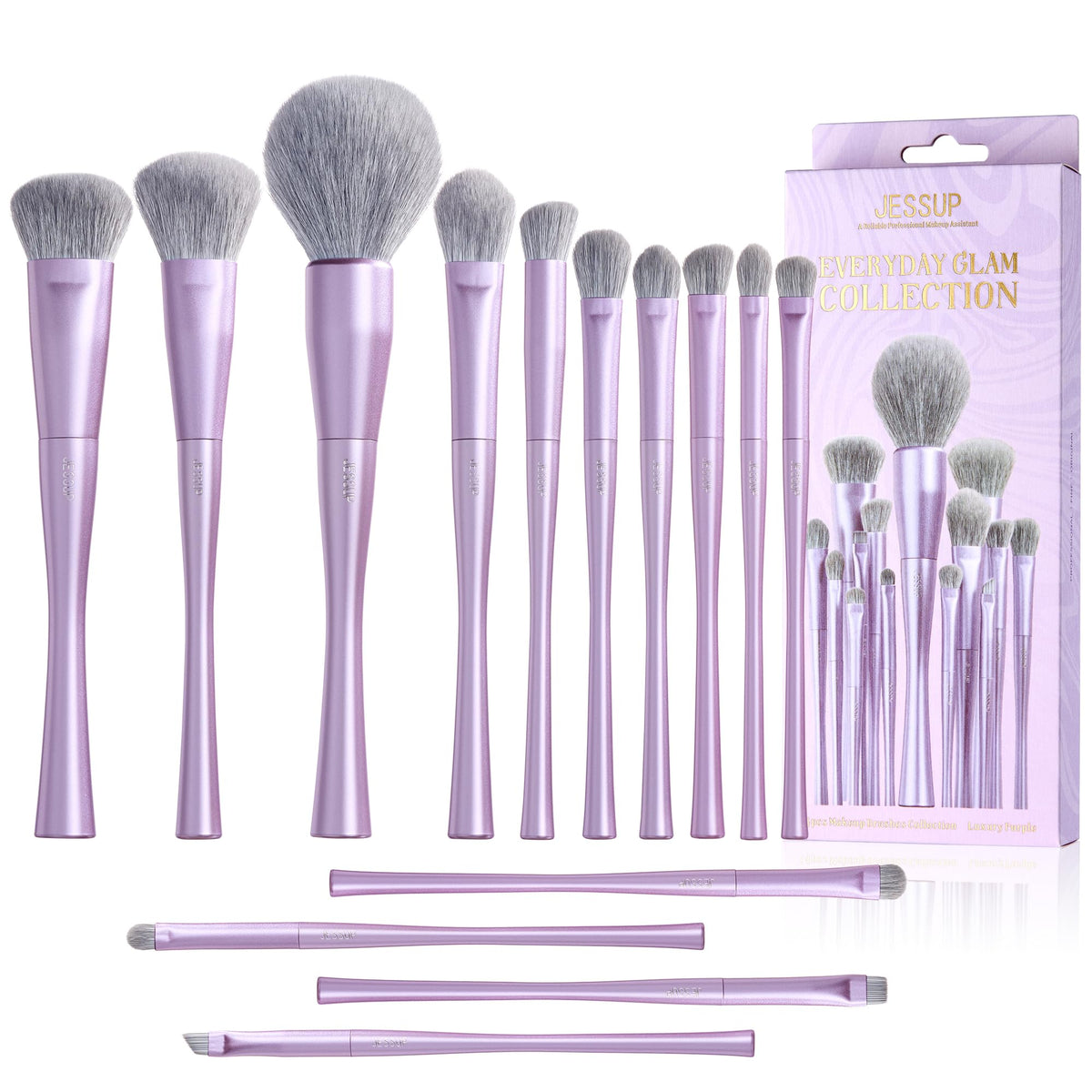 Jessup 14-piece makeup brush set with purple handles enables flawless base makeup.