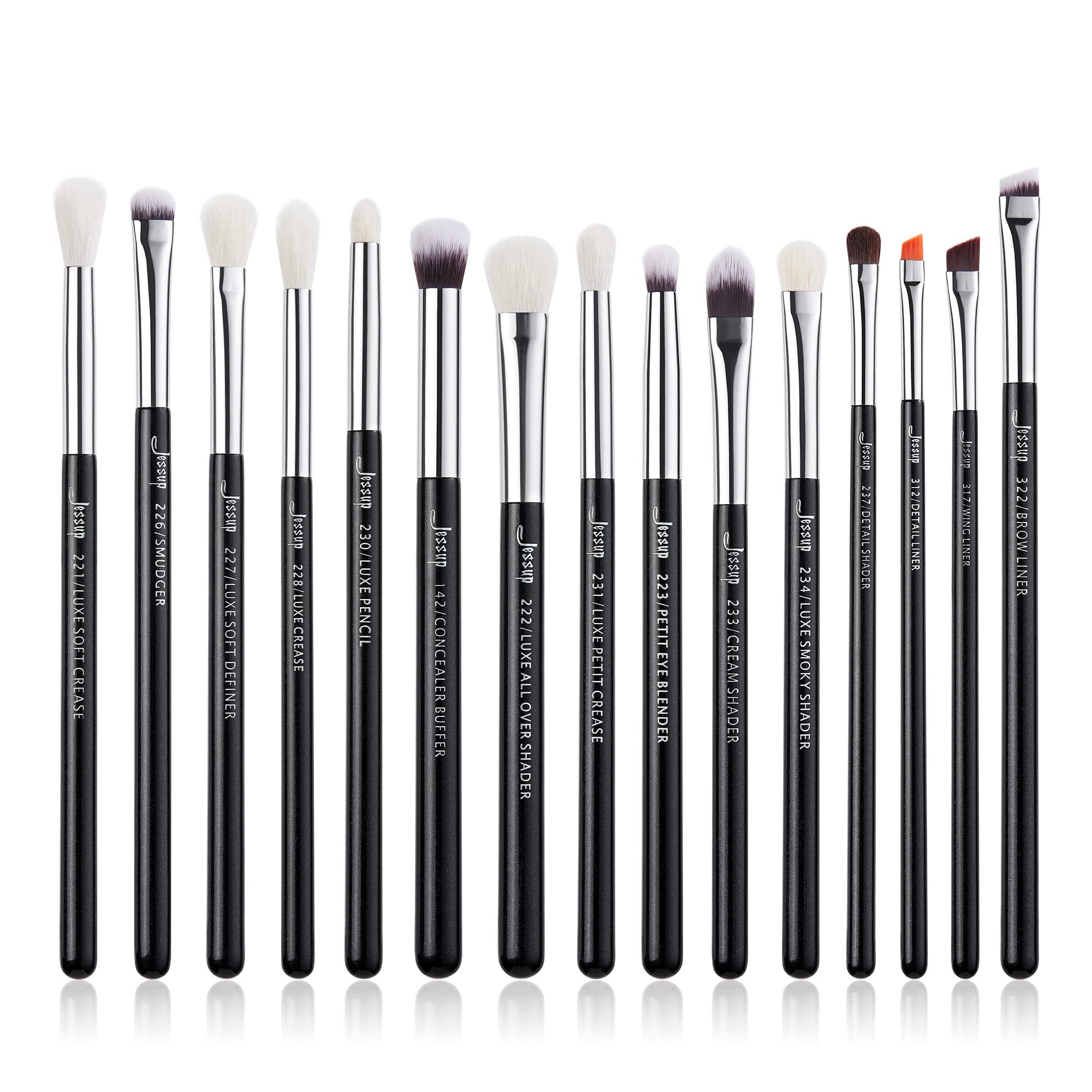Jessup eye makeup brush set in pearl black and silver for precise application.