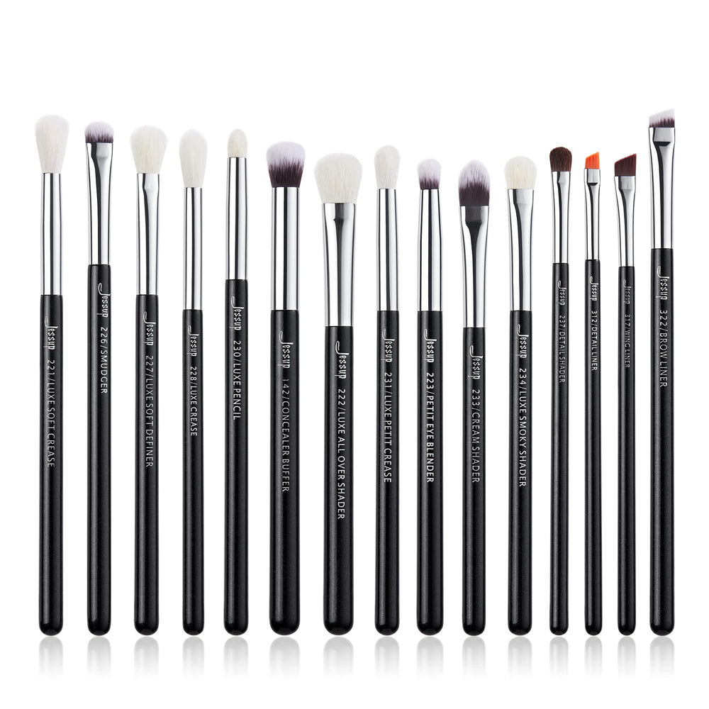 Jessup eye makeup brush set in pearl black and silver for precise application.