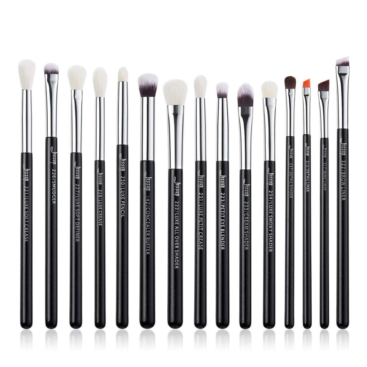 Jessup eye makeup brush set in pearl black and silver for precise application.