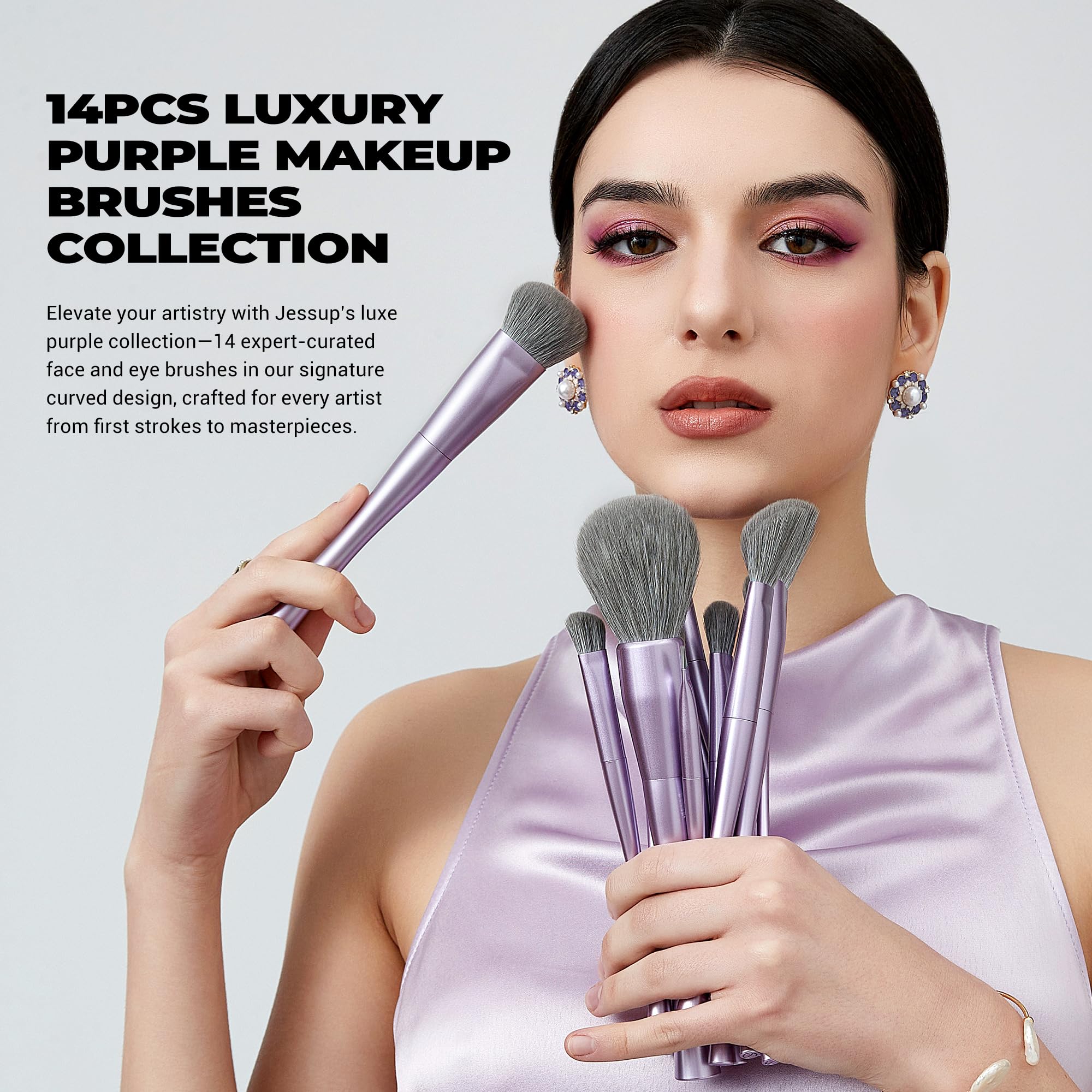 Jessup face brushes with dense bristles for smooth foundation and contour.