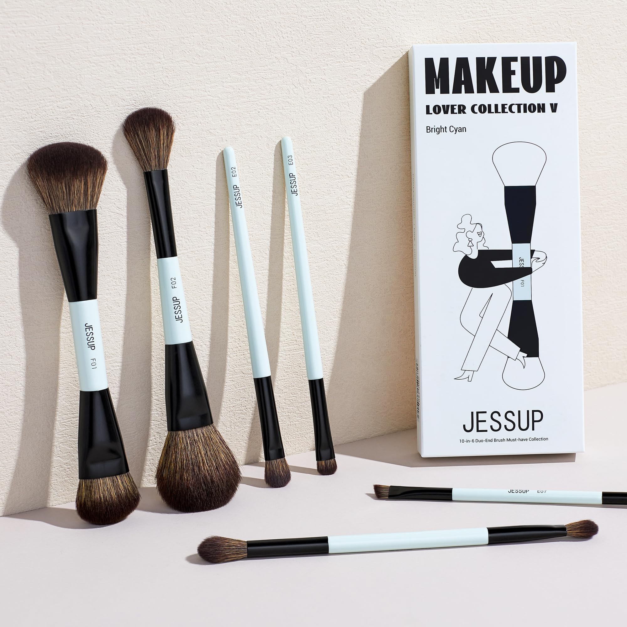 Jessup makeup brush set 6pc bright cyan handle for comfortable grip and style