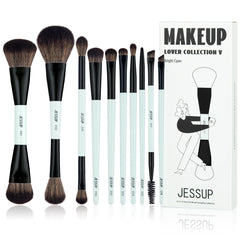 Jessup makeup brush set with bright cyan handle for versatile on-the-go application.